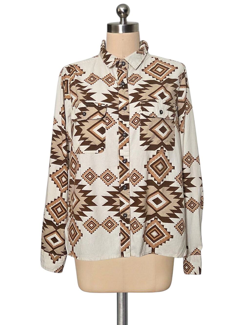 Bke Buckle Boyfriend Fit Brown Western Southwestern Print Button Front Top L